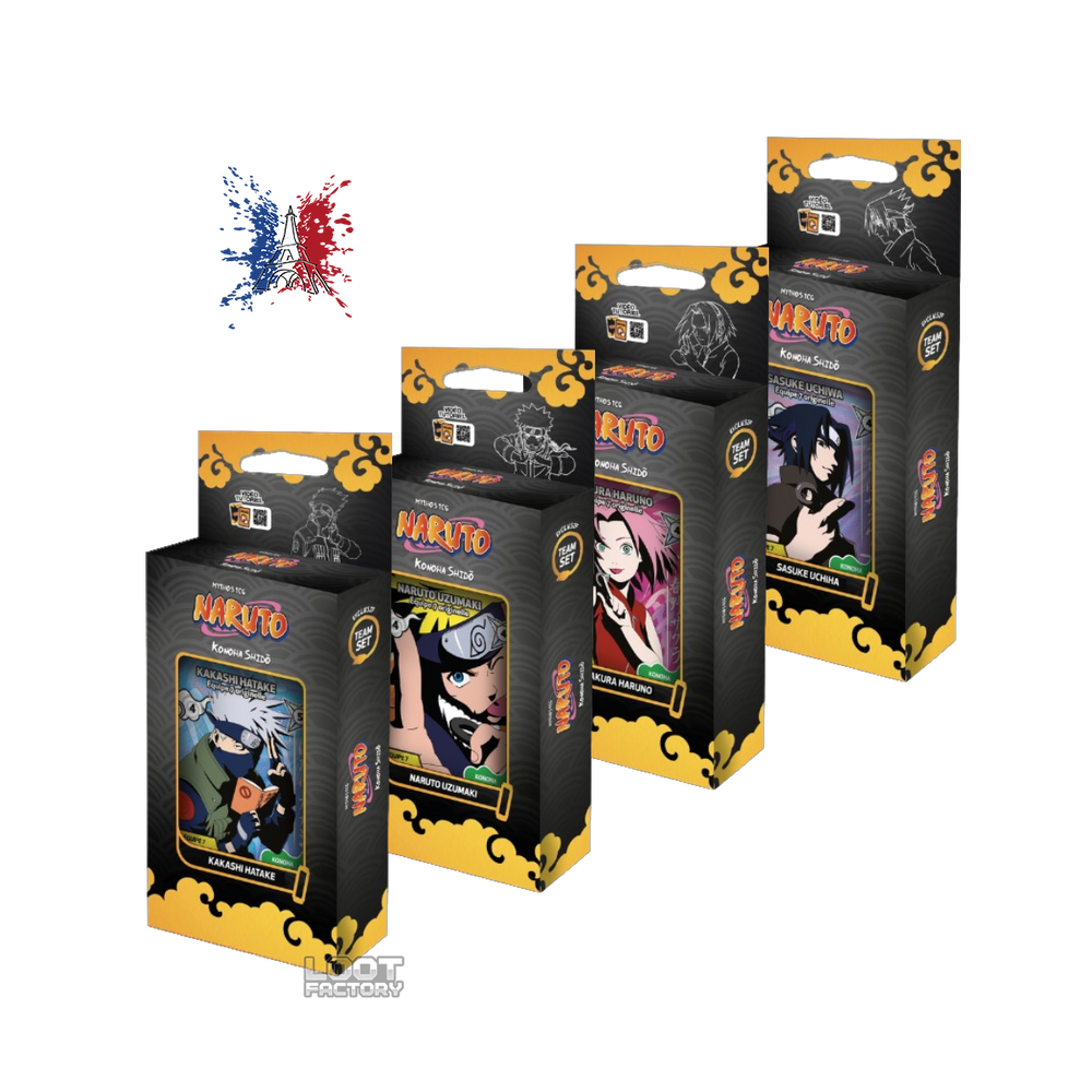 Lot des 4 Team Sets Équipe 7 - Naruto Mythos TCG - Chapitre 1 : Konoha Shidō (2ème Édition) - Version Française